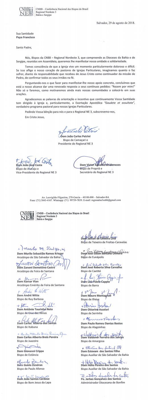 Íntegra da Carta do Bispos da Regional NE3 - Fonte: Arquidiocese de Salvador